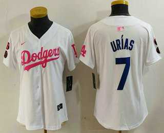 Womens Los Angeles Dodgers #7 Julio Urias White Pink With Patch Limited Stitched Jersey